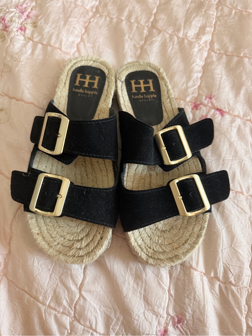 Haute Hippie Black Suede Double-Buckle Espadrille Slides
